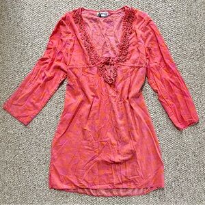 Vintage pink and orange long sleeve dress with ruffle trim